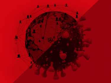 Eine Erdkugel, halb Weltkarte, halb eine Zelle, die mit vom Coronavirus befallen ist.
