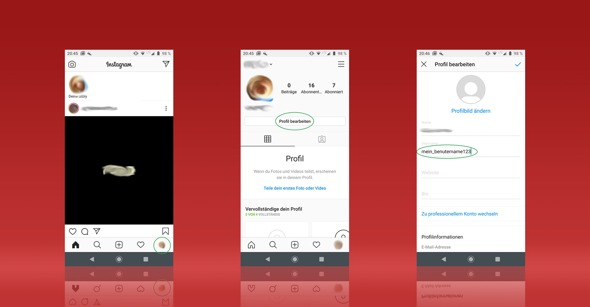 Drei Instagram-Screenshots zeigen den Weg zur Einstellung Deines Benutzernamens