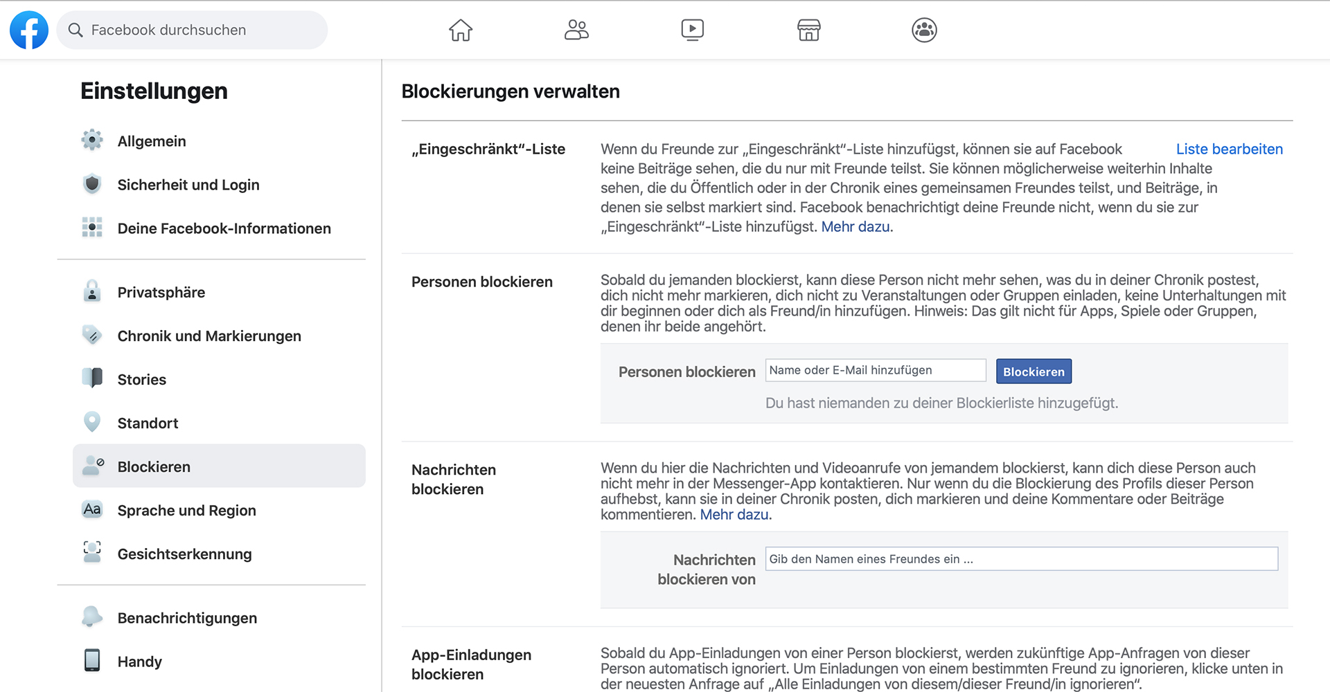 Person bei Facebook blockieren: in der Desktop-Version