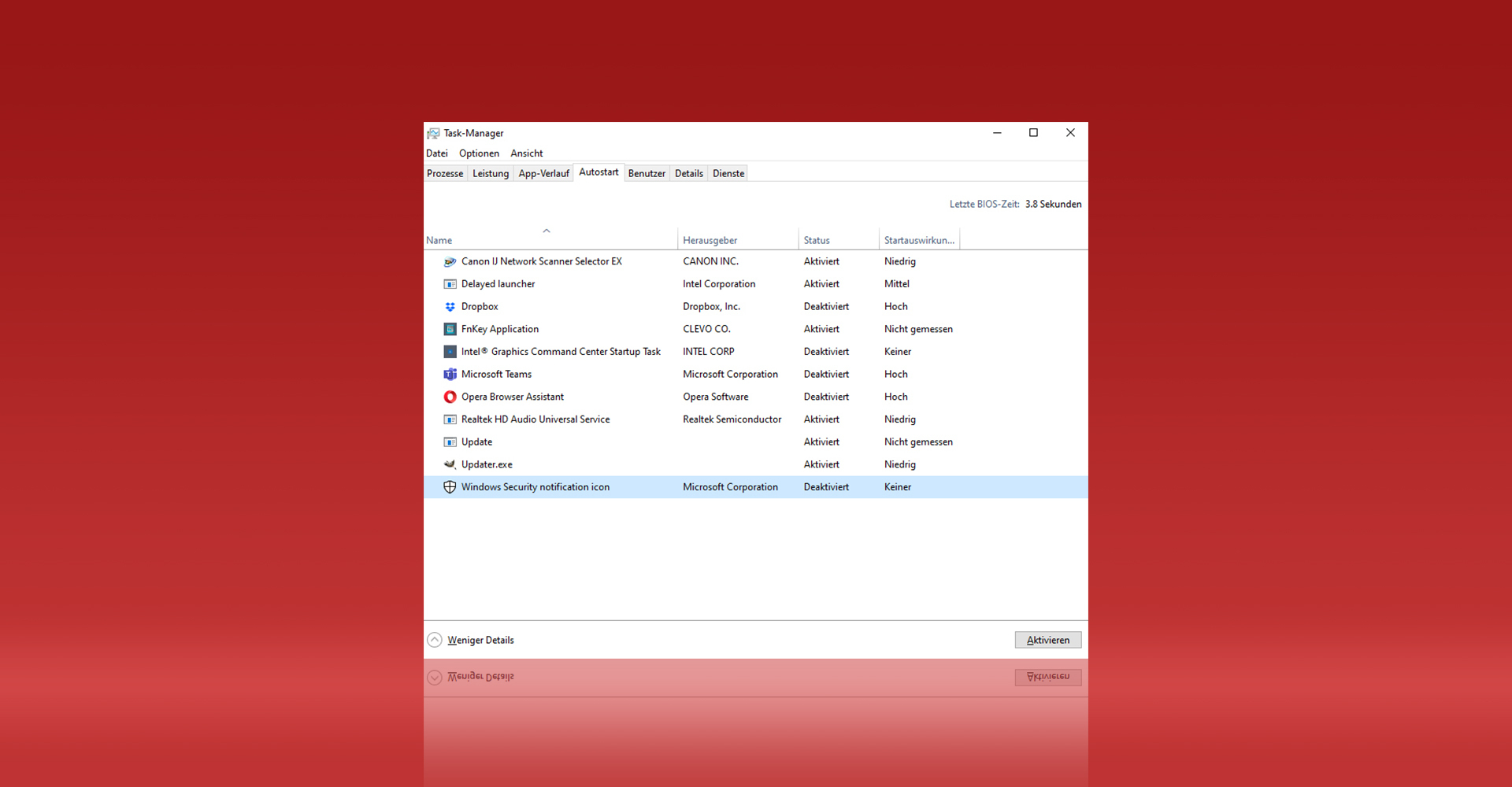 Autostart-Tab im Taskmanager von Windows