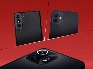 Galaxy S21, iPhone 12 und Xiaomi Mi 11 Rückseiten mit Kamera