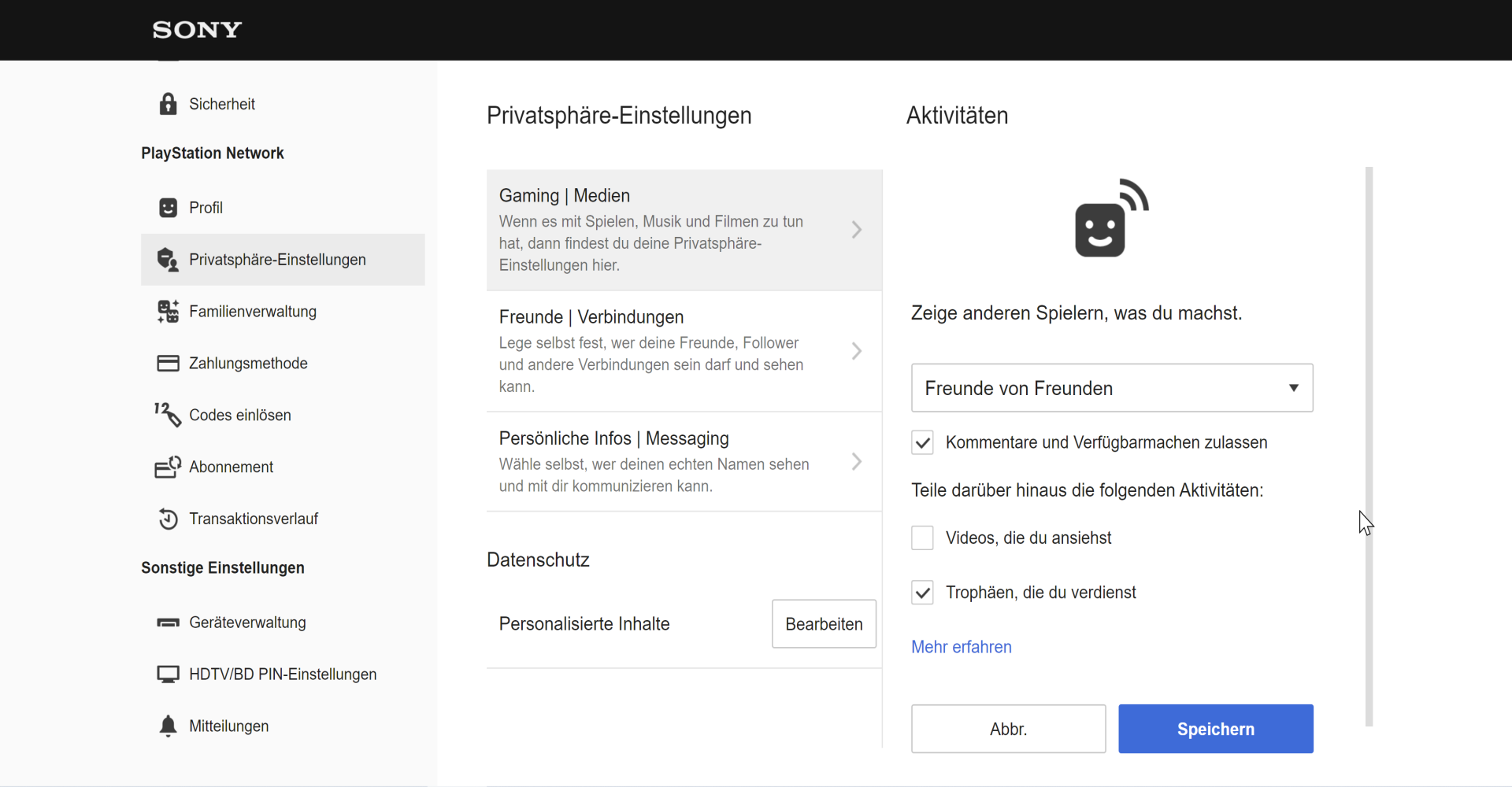 Privatsphäre Einstellungen PSN