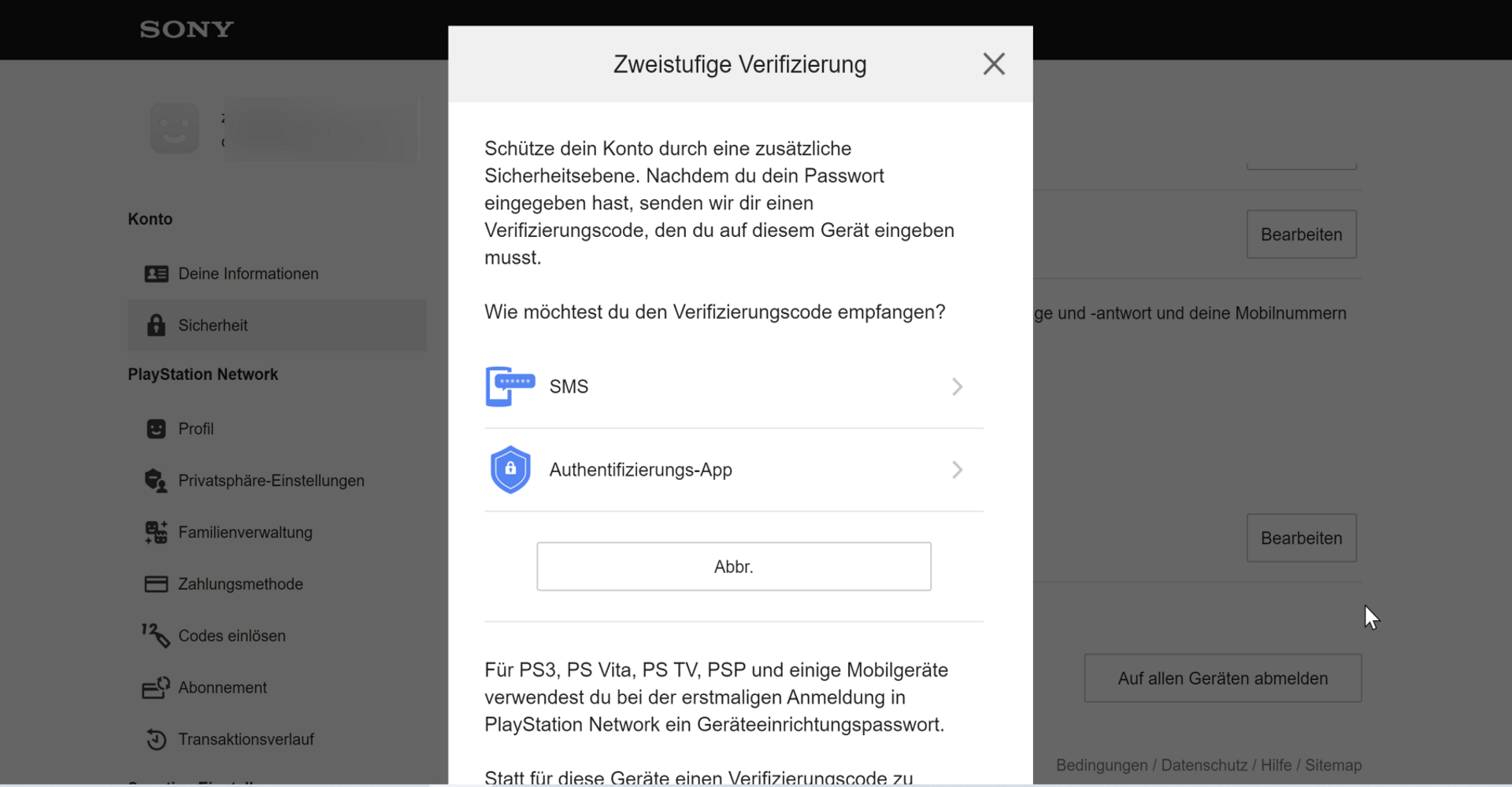 Zweistufige Authentifizierung PSN