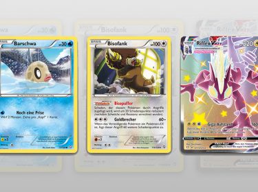 Drei Pokémon-Karten unterschiedlicher Seltenheit