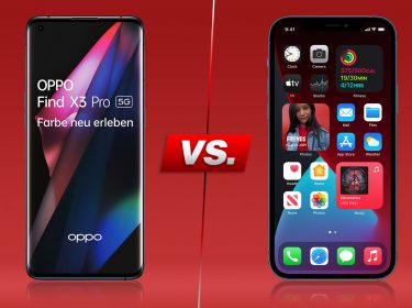 Oppo Find X3 Pro und iPhone 12 Pro Max nebeneinander vor rotem Hintergrund