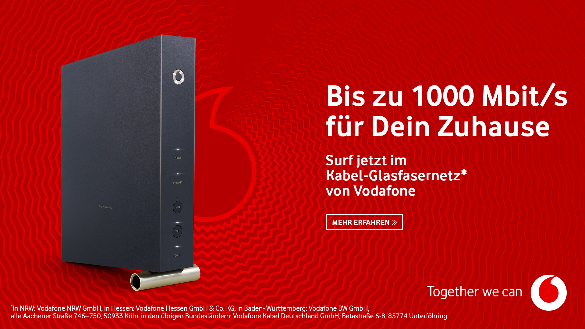 Kabel-Router von Vodafone vor rotem Hintergrund, dazu der Schriftzug Bis zu 1000 Mbit pro Sekunde für Dein Zuhause