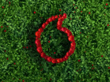 Das Vodafone-Speechmark wächst mit Blumen auf einer Ecke.