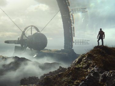 Ein Mann steht auf einem Berg vor einer großen Maschine im Spiel Deathloop