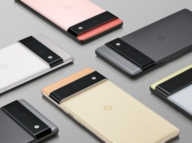 Google Pixel 6 Rückseite in verschiedenen Farben auf grauer Oberfläche
