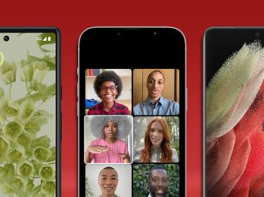 Pixel 6 Pro, iPhone 13 Pro Max und Galaxy S21 Ultra von vorne vor rotem Hintergrund