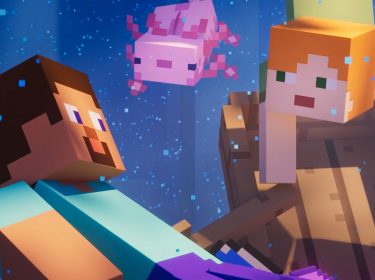 Zwei Charaktere aus Minecraft und ein Axolotl