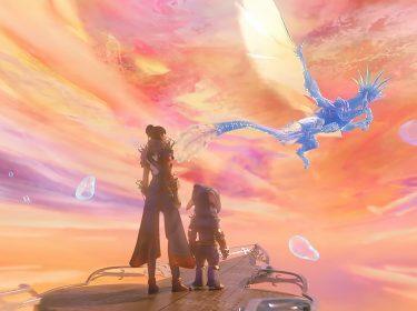 Zwei Charaktere stehen in Guild Wars 2: End of Dragons auf einer Klippe