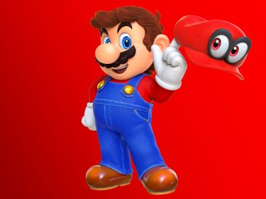 Super Mario vor einem roten Hintergrund