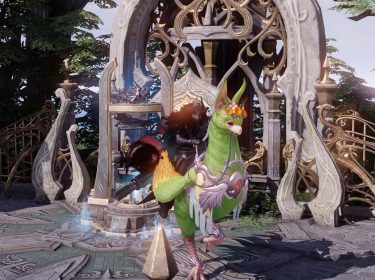 Ein Spieler reitet auf einem Chamkuri und steht vor dem Eingang der Abgrund-Dungeons