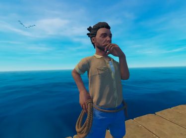 Ein Spieler steht auf einem Floß in Raft und überlegt.
