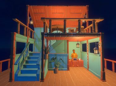 Ein Floß in Raft auf dem sich eine kleine Hütte befindet