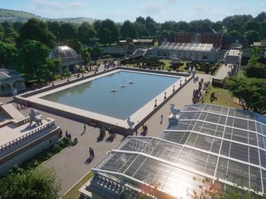 Ein gut ausgebauter Zoo mit einigen Besuchern und Besucherinnen in Planet Zoo