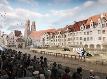 Ritterturnier auf dem Marienplatz zur Fürstenhochzeit von 1568 in der VR-Erlebnis-Tour TimeRide Go!