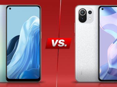 Smartphones OPPO Reno8 Lite 5G und Xiaomi 11 Lite 5G NE von beiden Seiten vor rotem Hintergrund