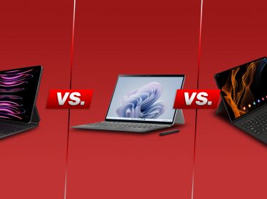 iPad Pro 2022, Surface Pro 9 und Galaxy Tab S8 Ultra nebeneinander vor rotem Hintergrund