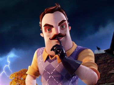 Hello Neighbor 2 - eine Figur mit Gummihandschuhen hält einen Finger an die Lippen, vor Gewitterkulisse