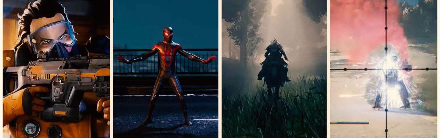 Ausschnitte aus Apex Legends, Spider-Man: Miles Morales, Elden Ring und Generation Zero in einer Collage