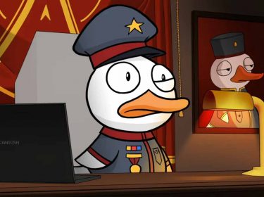 Eine Gans steht hinter einem Schreibtisch in Goose Goose Duck