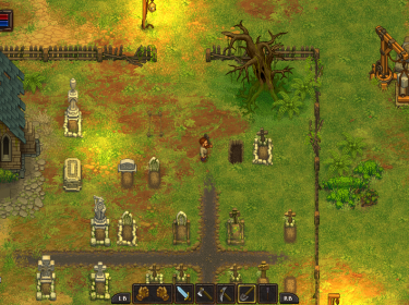 Screenshot des Spiels Graveyard Keeper, ein Friedhof aus der Vogelperspektive