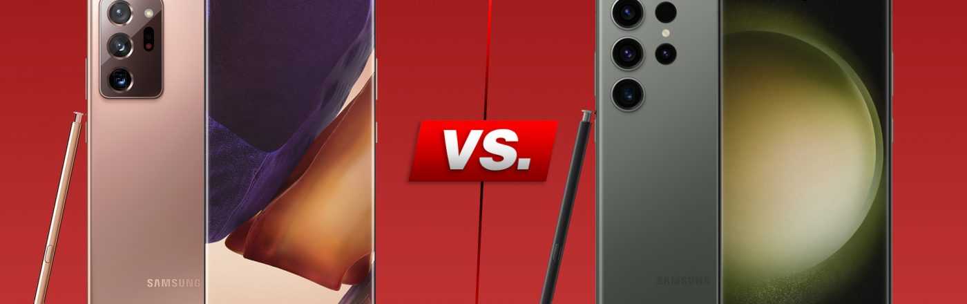 Smartphones Galaxy Note20 Ultra und Galaxy S23 Ultra nebeneinander vor rotem Hintergrund