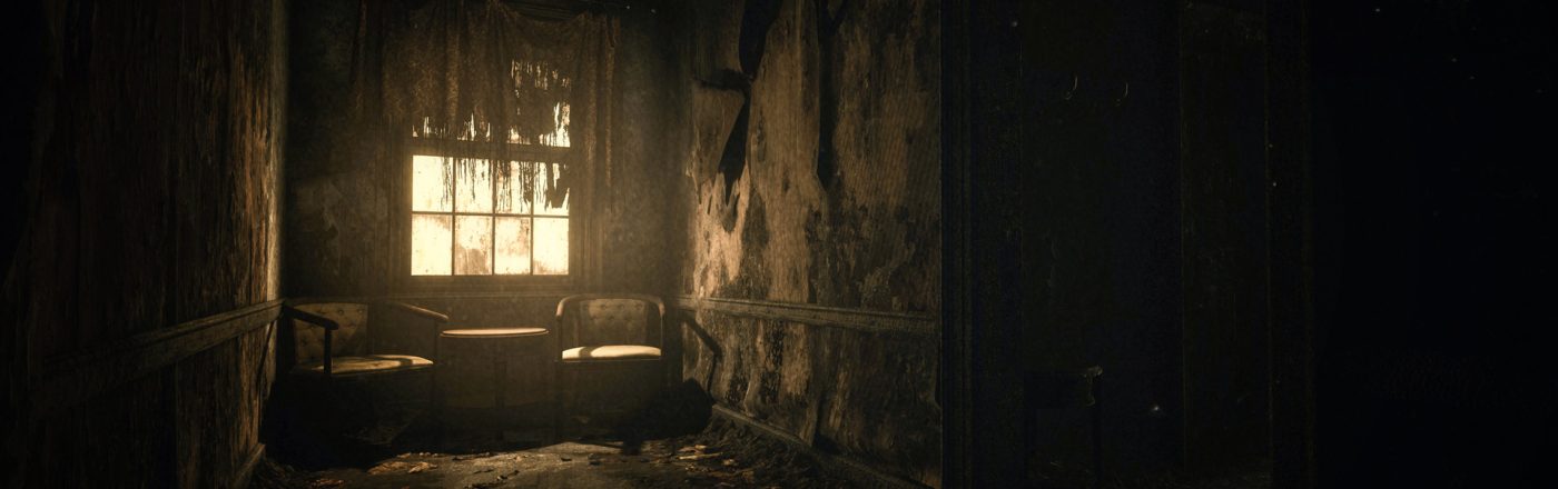 Das düstere Symbolbild zu Spiele wie Resident Evil zeigt einen verfallenen Korridor mit schmutzigen Wänden, schäbigen Sesseln und einem trüben Fenster, durch das fahles Licht dringt. Die Atmosphäre wirkt bedrohlich und beklemmend – typisch für Horror-Survival-Spiele mit starker Spannung und verlassenen Schauplätzen.