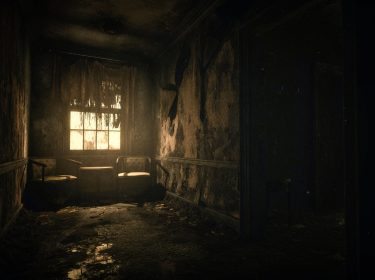 Das düstere Symbolbild zu Spiele wie Resident Evil zeigt einen verfallenen Korridor mit schmutzigen Wänden, schäbigen Sesseln und einem trüben Fenster, durch das fahles Licht dringt. Die Atmosphäre wirkt bedrohlich und beklemmend – typisch für Horror-Survival-Spiele mit starker Spannung und verlassenen Schauplätzen.