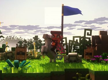 Ein Charakter aus Minecraft Legends reitet auf einem Pferd