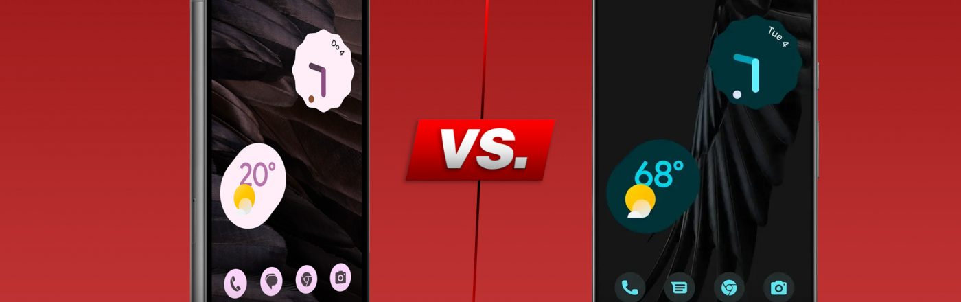 ZWei Smartphones Pixel 7a und Pixel 7 von vorne nebeneinander vor rotem Hintergrund