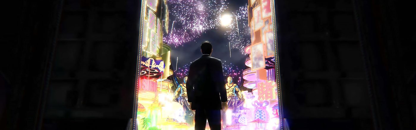 Der Protagonist aus Yakuza: Like A Dragon Gaiden und ein Feuerwerk in der Spielwelt