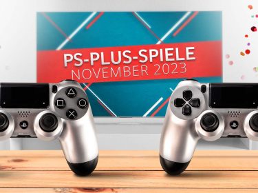 Zwei PlayStation-Controller nebeneinander, im Hintergrund der Banner für die PS-Plus-Games im Juli 2023