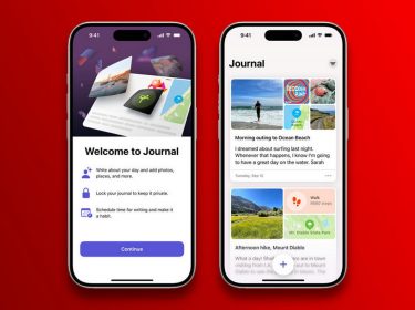 Apples Journal-App auf einem iphone vor rotem Hintergrund