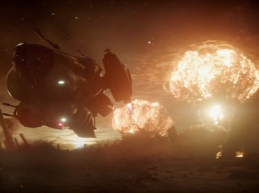 Raumschiff vor Feuerballen