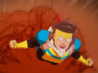 Ein gezeichneter Superheld saust durch die Luft.