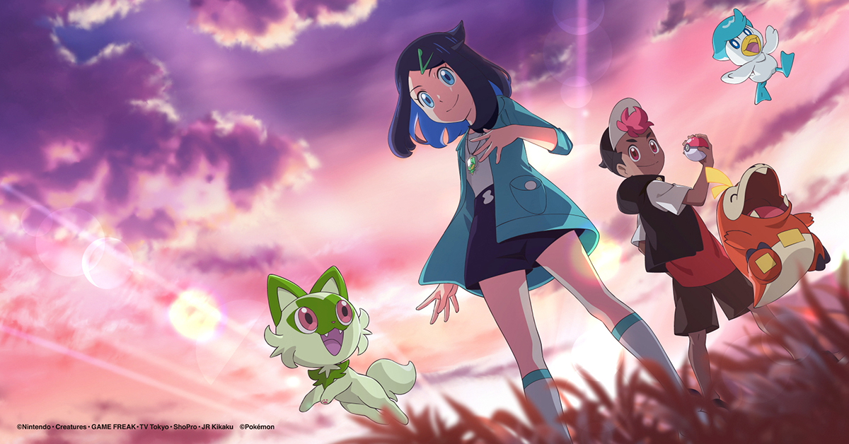 Liko steht vor einem lilanen Himmel in der Serie Pokémon Horizonte