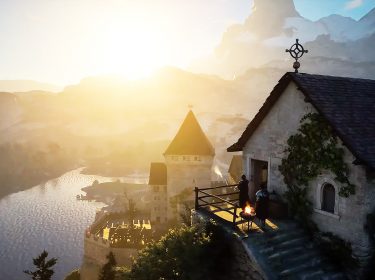 Ein Spielerhaus auf einer Klippe über einem See in Pax Dei