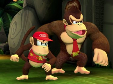 Auf dem Bild aus Donkey Kong Country Return HD sind Donkey Kong und Diddy Kong zu sehen. Donkey Kong steht rechts, ist groß und muskulös mit braunem Fell und trägt eine rote Krawatte mit den Initialen 