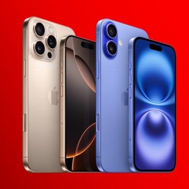 Auf diesem Bild zum Apple Event 2024 sind das iPhone 16 (Plus) und das iPhone 16 Pro (Max) nebeneinander zu sehen. Das iPhone 16 Plus in Blau zeigt ein glänzendes Display, während das iPhone 16 Pro Max in Gold mit seinem dreifachen Kamerasystem und edlem Design hervorsticht. Beide Geräte stehen vor einem leuchtend roten Hintergrund, der die eleganten Farben und das moderne Design der Smartphones betont.