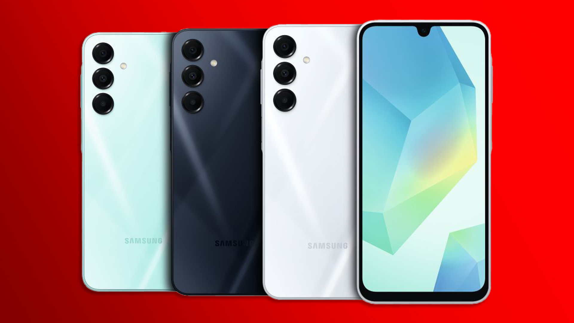 Das Galaxy A16 5G in drei Farbversionen vor rotem Hintergrund