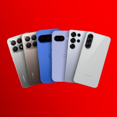 Auf dem Bild zur Vodafone Black Week sind sechs aktuelle Smartphones von Xiaomi, Google und Samsung fächerförmig nebeneinander angeordnet. Zu sehen sind Rückseiten in verschiedenen Farben, darunter Silber, Blau und Grau, mit markanten Kameraeinheiten. Der leuchtend rote Hintergrund unterstreicht den Aktionscharakter und zieht den Blick auf die Geräte im Zentrum des Motivs.