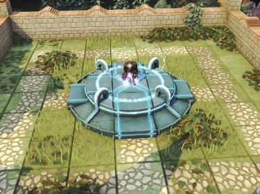 Ein:e Spieler:in auf einem Teleporter im Spiel Brighter Shores.