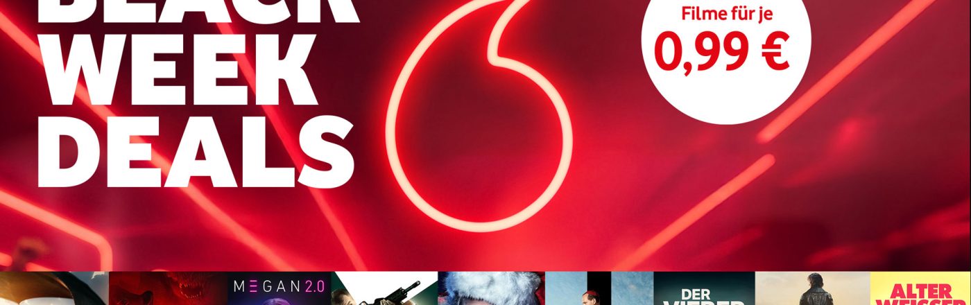 Auf dem Werbebild zur Aktion Black Friday GigaTV von Vodafone ist ein leuchtendes rotes Logo vor dunklem Hintergrund zu sehen. Links steht in großen weißen Buchstaben „Black Week Deals“, rechts bewirbt ein Kreis „99 Filme für je 0,99 €“. Unten sind Filmtitel wie „Megan 2.0“, „Jurassic World“ und „Der Graf von Monte Christo“ abgebildet.