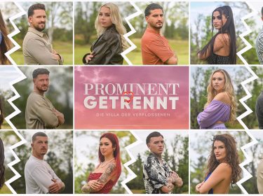 Auf dem Bild zu Prominent getrennt Staffel 4 sind die Paare der Show zu sehen, getrennt durch gezackte Linien. Jede Person blickt mit verschränkten Armen selbstbewusst in die Kamera. In der Mitte steht das Logo der Sendung vor einem rosa Himmel mit dem Text „Prominent getrennt – Die Villa der Verflossenen“. Die Teilnehmer:innen tragen moderne Outfits, während die Natur im Hintergrund eine ruhige Atmosphäre schafft.