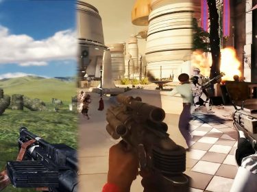 Screenshots aus den Spielen Star Wars Battlefront (2004), Battlefront (2015) und Battlefront II nebeneinander im Vergleich