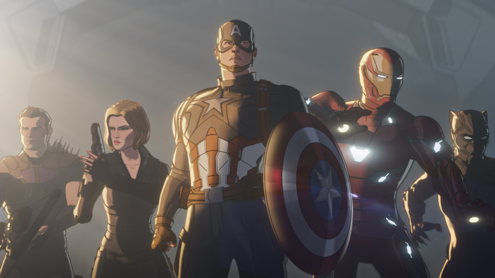 Auf dem Bild aus der animierten Serie Marvel Zombies sind fünf ikonische Marvel-Charaktere in dramatischer Pose zu sehen: Hawkeye, Black Widow, Captain America, Iron Man und Black Panther.