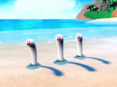 Drei Schligda an einem Strand in der Pokémon-Welt